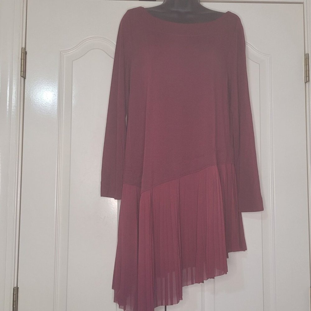 Soft Surroundings Stretch Accordian Pleated Long Sleeve Burgundy Tunic Top S